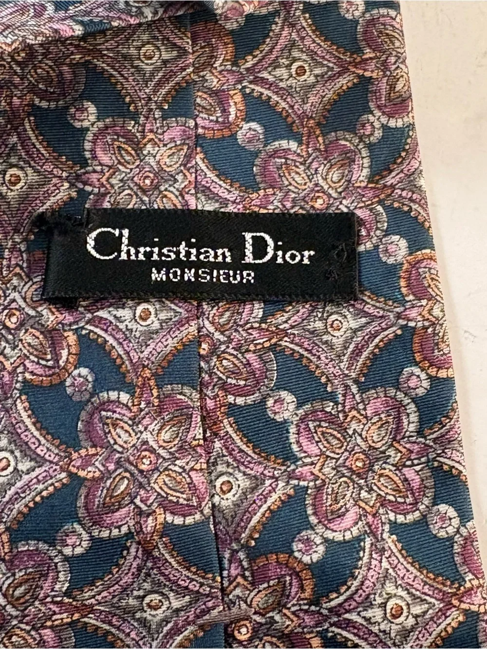 Vtg Christian Dior Monsieur Silk Tie Medallion Paisley Blue Pink Woven Italy USA
